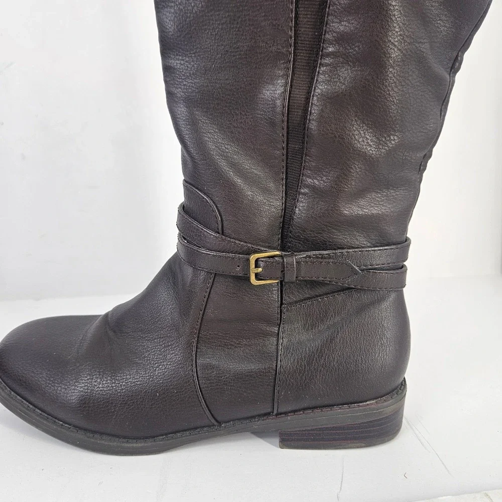 Brown Knee‎ High Tall Boots Women's Size 8 Side Zip Faux Leather Stretch Calf
